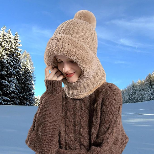 HUAMULAN Women Winter Beanie Hats One Piece Fleece Lined Knit Balaclavas Mask Set Skull Neck Circle Scarf Ski Snow Hat Pompom