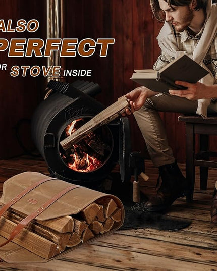 INNO STAGE Log Carrier|Waxed Canvas Log Holder|Firewood Carrier Tote Bag|Fireplace Wood Stove Accessories-Khaki