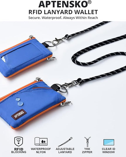 RFID Travel Wallet with Adjustable Lanyard-Zipper Small Wallet with ID Card Holder, Keychain for women&men-Minimalist Slim Waterproof Nylon case for ID, Cash, Key (Blue)