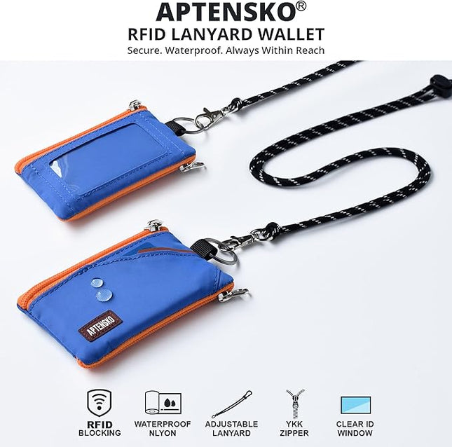RFID Travel Wallet with Adjustable Lanyard-Zipper Small Wallet with ID Card Holder, Keychain for women&men-Minimalist Slim Waterproof Nylon case for ID, Cash, Key (Blue)