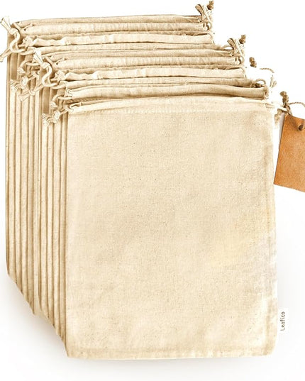 LEAFICO Multipurpose Eco Cloth Bags - Large 10x12 Inch (12 Pack) - Cotton Produce Storage Sacks - Muslin Drawstring Pouches for Vegetables - Bread Bags - Fabric Sachets