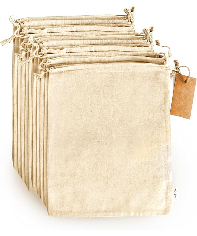 LEAFICO Multipurpose Eco Cloth Bags - Large 10x12 Inch (12 Pack) - Cotton Produce Storage Sacks - Muslin Drawstring Pouches for Vegetables - Bread Bags - Fabric Sachets