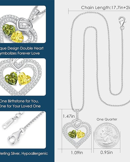 LOUISA SECRET Sparkling Double Heart Birthstone Necklaces for Women, 925 Sterling Silver Fine Jewelry, Pendant Heart Necklaces Birthday Anniversary Christmas Gift for Women Wife Mom Girlfriend Lady