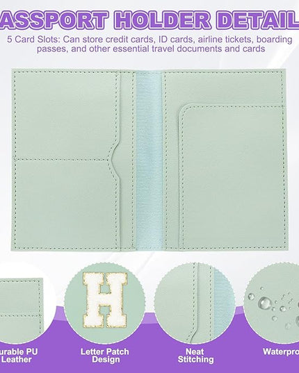 PATIKIL Passport Holder for Travel, Initial Passport Cover and Luggage Tag Set with Alphabet Chenille Letter Patch Travel Wallet Bag Suitcase Identifier for Women Family Travel Green H