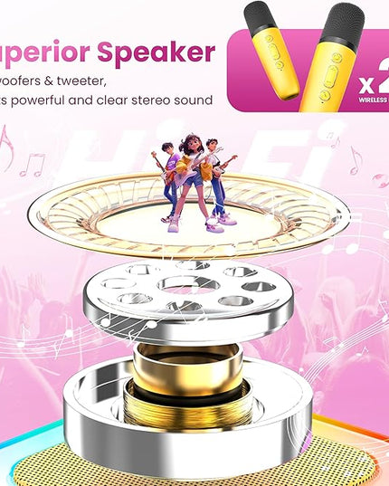Karaoke Machine for Kids Adults, Portable Bluetooth Speaker with 2 Wireless Karaoke Microphones, 2026 TOP Birthday for Girls 3,4,5,6,8+Year Old Toddler Toys Karaoke Player(Yellow)