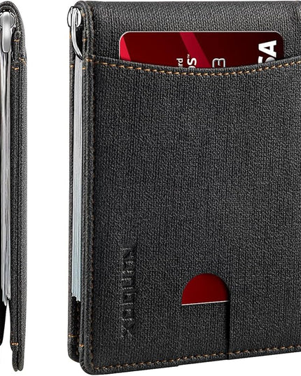 RUNBOX Slim Wallet for Men Genuine Leather RFID Blocking Bifold Minimalist Front Pocket Mens Wallet with Money Clip Thin Gift Box