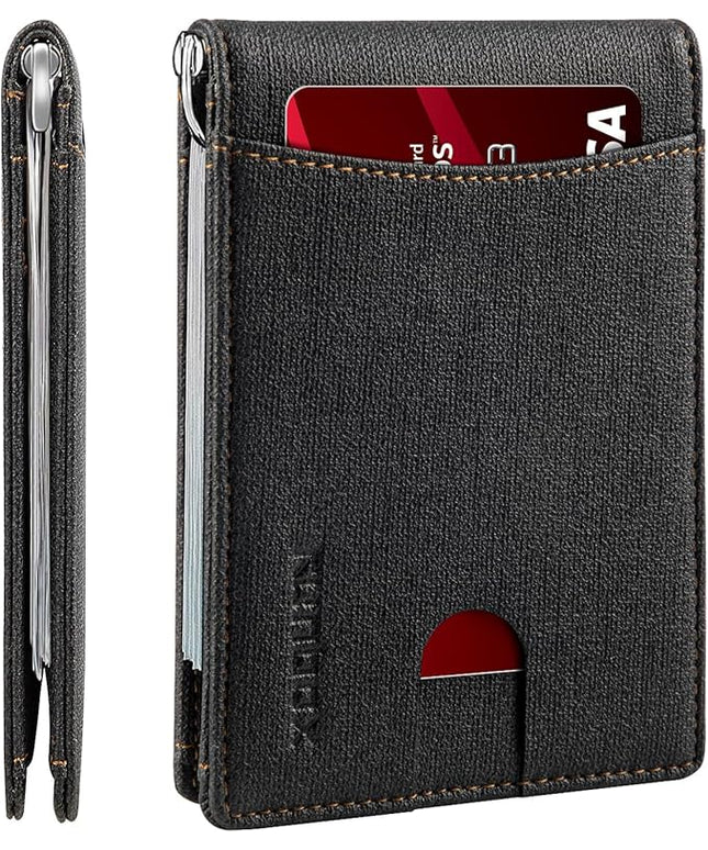 RUNBOX Slim Wallet for Men Genuine Leather RFID Blocking Bifold Minimalist Front Pocket Mens Wallet with Money Clip Thin Gift Box