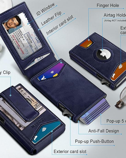 miyozi Airtag Wallet for Men Money Clip 9-Card Pop-Up Credit Card Holder with ID Window RFID Blocking Metal Case Magnetic Closure Front Pocket Wallet Gift Box