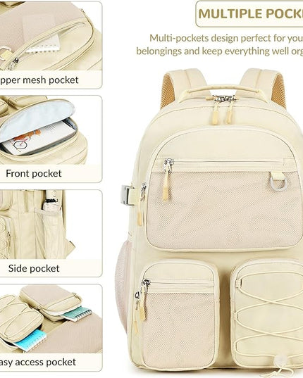 Lohol Water Resistant Backpack with Mulitiple Pockets for Travel Outdoor College, 15.6 inch Laptop Bookbag for Girl and Women (Beige)