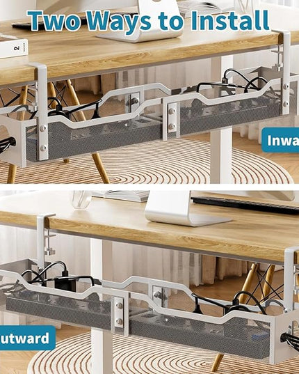 Under Desk Cable Management Tray 32'', Cable Management Under Desk No Drill, Cable Organizer with Clamp for Wire Management, Cord Organizer for Office, Home - No Damage to Table (White)
