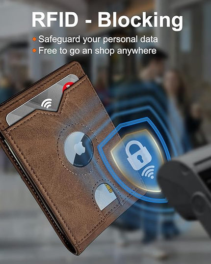 miyozi Airtag Wallet for Men,with Cash Pocket 2 ID Window 13 Cards,Slim Leather Wallet Front Pocket Card Holder RFID Blocking with Gift Box