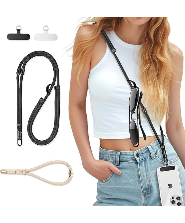 3-in-1 Cell Phone Lanyard 1 Pack + Wrist Strap 1 Pack - Convertible Crossbody Strap with Locking Knob Friendly, Adjustable Neck Lanyard for Gym/Work/Travel Essentials(Black)