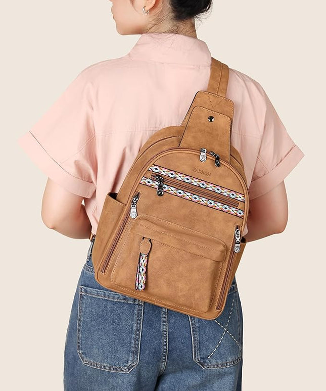 FADEON Large Sling Bag for Women, Leather Crossbody Purse Designer Anti Theft Sling Backpack, RFID Fanny Packs for Travel