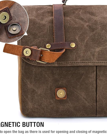 Mens Messenger Bag 15.6 Inch Waterproof Vintage Genuine Leather Waxed Canvas Briefcase Large Leather Computer Laptop Bag Rugged Satchel Shoulder Bag, Brown