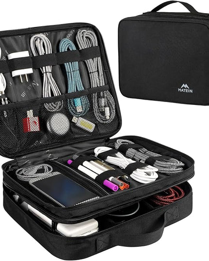 MATEIN Cable Organizer Bag, Large Travel Storage Bag Sturdy Tool Case with Handle for Phone Cord Electronics Accessories, Carrying Case for Tablet (Up to 12.9inch), Powerbank, Hard Drive, Black