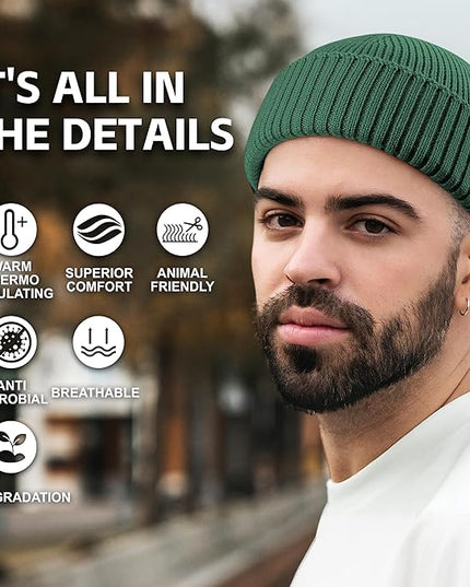 100% Merino Wool Fisherman Beanie for Men Women, Short Knit Cuff Trawler Winter Hat, Warm Soft Outdoor Gift