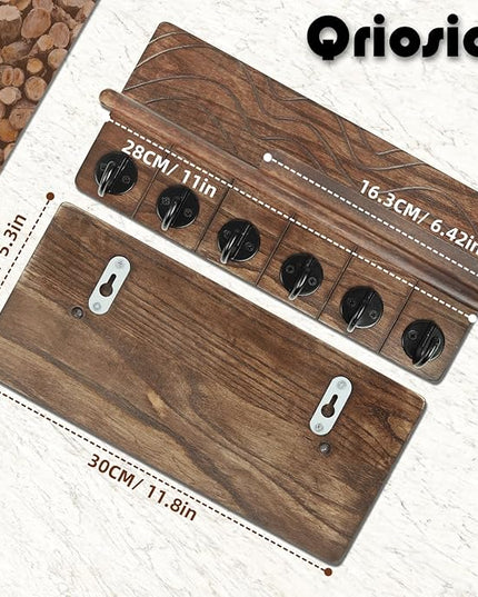 Qriosidy Key Holder Wall Decor-11.8" Solid Ash Wood Entryway Organizer with 6 Hooks & Extra Deep Storage Rack for Key, Mail, Wallet, Leash, Glasses, Hand-Polished & Stained, Easy-Assembly