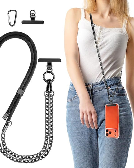 Cell Phone Chain Crossbody Phone Lanyard with 2 Metal Tether Tabs, Adjustable Black Braided Phone Strap and Phone Chain Strap Combination, Cell iPhone Lanyard Crossbody for Women and Men, Black