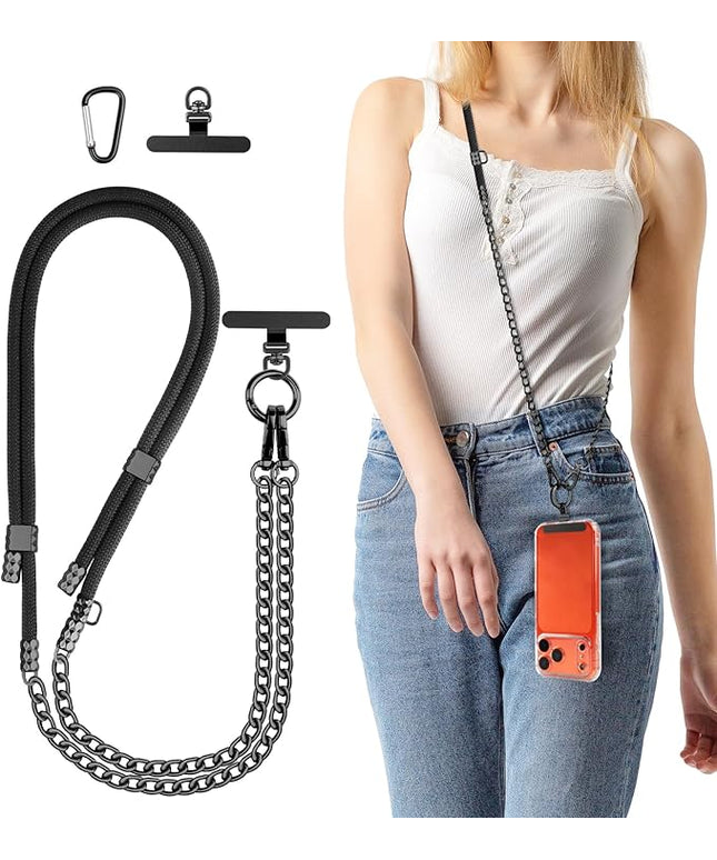 Cell Phone Chain Crossbody Phone Lanyard with 2 Metal Tether Tabs, Adjustable Black Braided Phone Strap and Phone Chain Strap Combination, Cell iPhone Lanyard Crossbody for Women and Men, Black