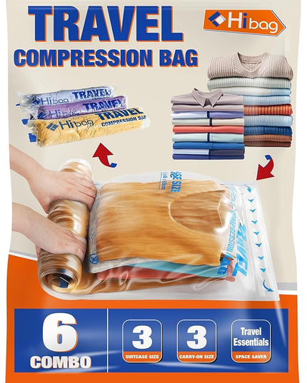 6 Compression Bags for Travel Essentials, Vacuum Packing Space Saver Bags for Cruise Accessories (6-Travel)