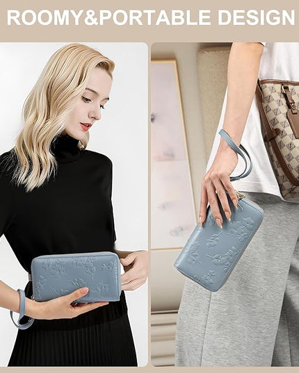 yiijay Womens Wallet RFID Blocking Large Capacity Leather Double Zip Wristlet Wallet Credit Card Phone Holder Ladies Clutch Purse Flora