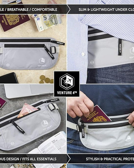 VENTURE 4TH Money Belt for Travel – Hidden Under-Clothes RFID Blocking Passport Holder & Slim Travel Wallet Pouch for Men & Women to Protect Cash, Cards & Documents (Silver)