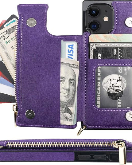 Bocasal Crossbody Wallet Case for iPhone 12/12 Pro with Card Holder,Zipper Card Slot Protector Shockproof Purse Cover with Removable Cross Body Strap 6.1 Inch(Purple)