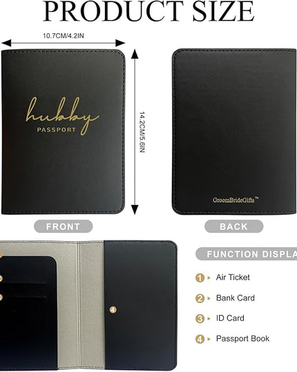 Mr&Mrs Gifts Matching Passport Holders for Bride and Groom, Hubby&Wifey Gold Foil Logo, Dual PU Leather with Card Pockets, Honeymoon Travel Essentials Gift for Newlyweds(HW Black White)