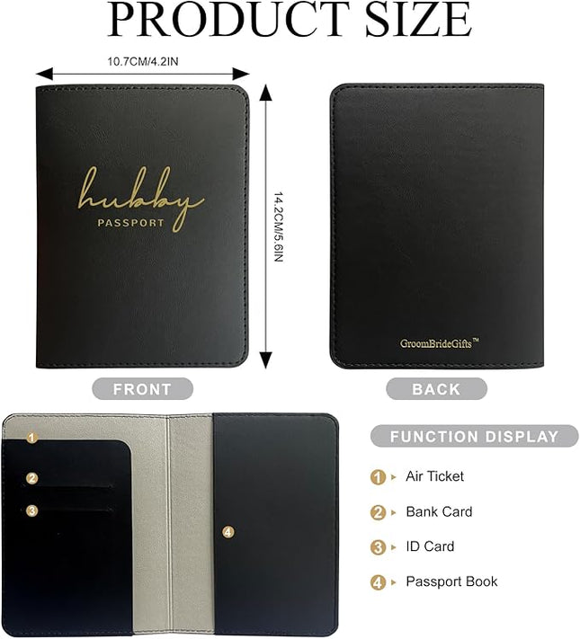 Mr&Mrs Gifts Matching Passport Holders for Bride and Groom, Hubby&Wifey Gold Foil Logo, Dual PU Leather with Card Pockets, Honeymoon Travel Essentials Gift for Newlyweds(HW Black White)