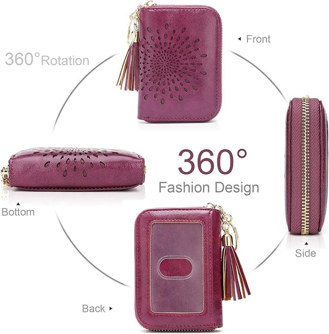 APHISON RFID Credit Card Holder Zipper Card Case Keychain Small Wallet for Women 1927 PURPLISH-RED