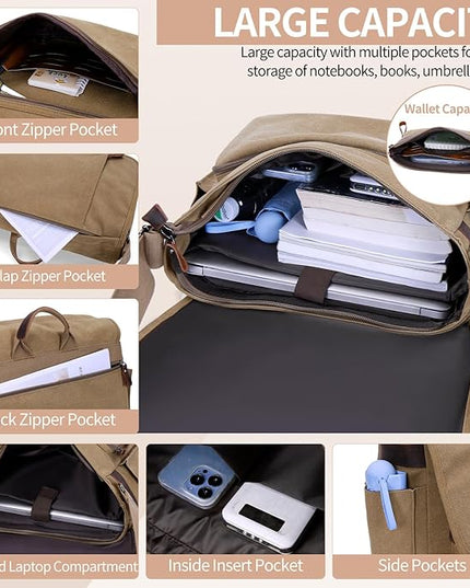 Nerlion Messenger Bag for Men 17-17.3 Inch Laptop Bag Canvas Water-resistant Computer Bag Shoulder Bag Work Briefcase Bookbag for College (Brown)