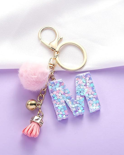 Resin Alphabet Initial Letter Keychain Keyring for Women Purse Handbags With Fur Ball Pom