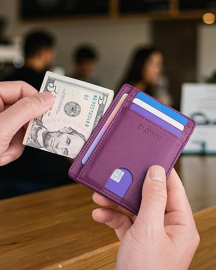 Buffway Slim Minimalist Front Pocket RFID Blocking Leather Wallets for Men and Women - Cross Purple