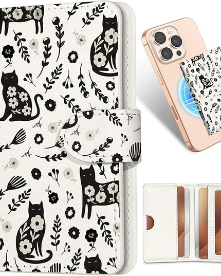 Shorogyt for Magnetic Phone Wallet Compatible with Magsafe Card Holder -Cute Luxury Slim Leather Mag Wallets for Women Fit 4 Cards,for iPhone 17/16/15/14/13/12 Series for Apple RFID Magnet, Floral Cat