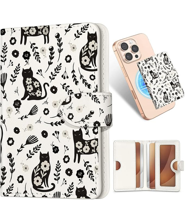 Shorogyt for Magnetic Phone Wallet Compatible with Magsafe Card Holder -Cute Luxury Slim Leather Mag Wallets for Women Fit 4 Cards,for iPhone 17/16/15/14/13/12 Series for Apple RFID Magnet, Floral Cat