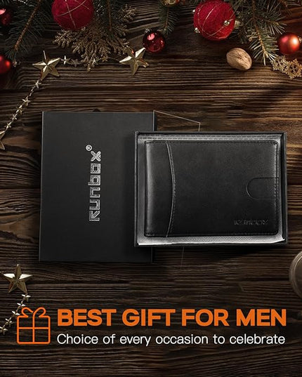 RUNBOX Slim Wallet for Men Genuine Leather RFID Blocking Bifold Minimalist Front Pocket Mens Wallet with Money Clip Thin Gift Box