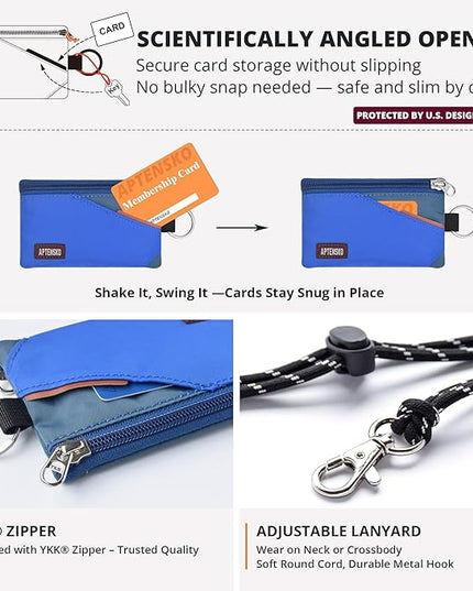 RFID Travel Wallet with Adjustable Lanyard-Zipper Small Wallet with ID Card Holder, Keychain for women&men-Minimalist Slim Waterproof Nylon case for ID, Cash, Key (Blue+SlateBlue)
