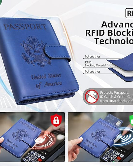 Passport Holder for Travel with Luggage Tag Cover – RFID Blocking Passport Wallet for Women & Men | PU Leather Passport Cover/Passport Case with Extra Money Pocket & Magnetic Clasp – Blue