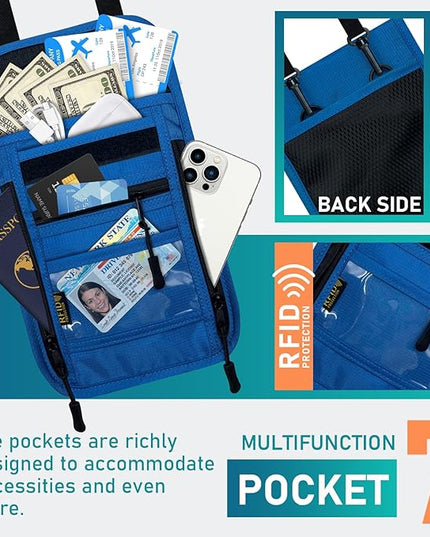sundee Travel Neck Wallet with Double Zippers, RFID Blocking Passport Holder with Adjustable Neck Strap for Men and Women to Keep Cash, Credit Cards and Travel Documents Safe - Dark Blue