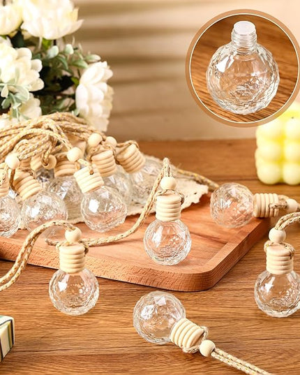 BBTO 50 Pcs Hanging Car Air Freshener Car Diffuser Bottles Empty Glass Perfume Bottle Freshener Diffuser Bottle Pendant for Essential Oil Fragrance Aromatherapy Bottle Ornament(Round Diamond)