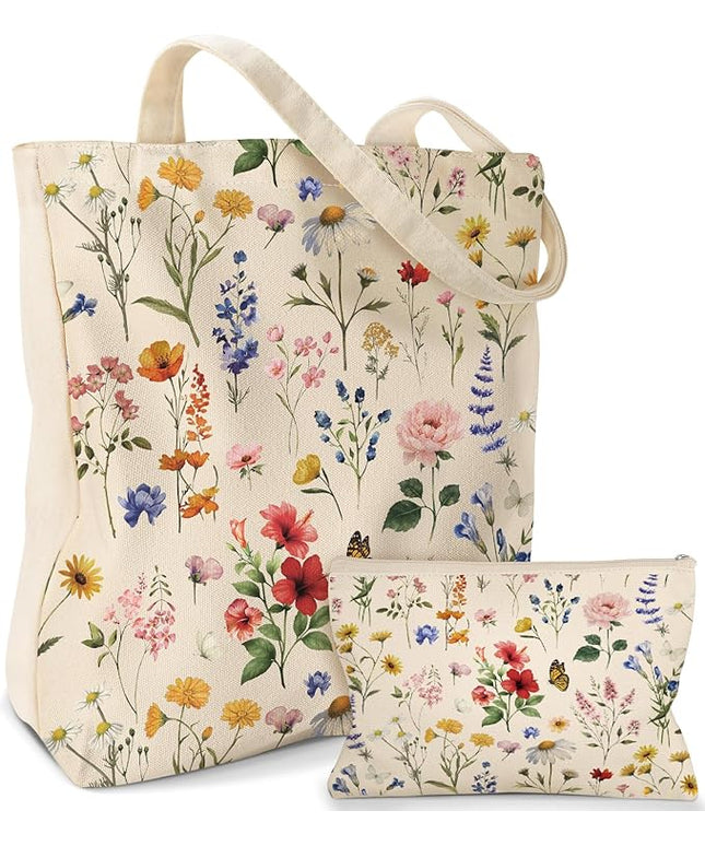 Aesthetic 2 Pack Canvas Tote Bag - with Makeup Pouch Bag for Women Reusable Grocery Bag for Gym, Travel, Work