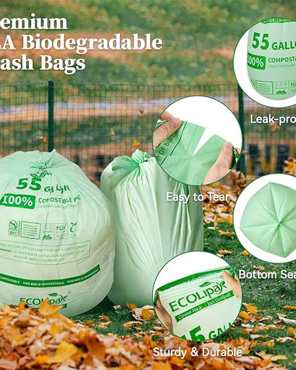 ECOLipak 55 Gallon Compostable Trash Bags, 12 Count Heavy Duty Extra Thick 1.57 Mil, 208.2 Liter Large Garbage Bags for Commercial/Lawn/Yard/Restaurant, US BPI ASTM D6400 and OK Compost Home Certified