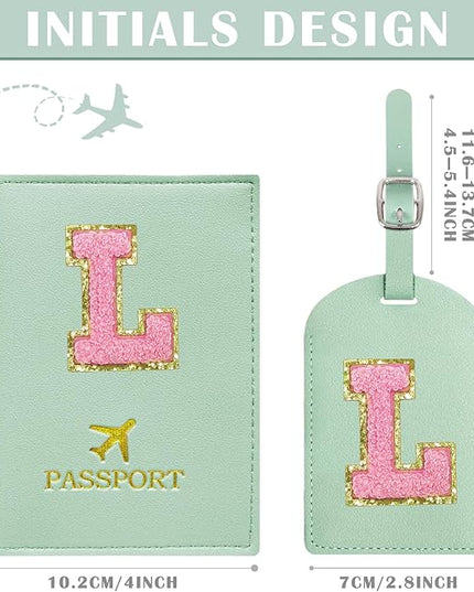 COSHAYSOO Initial Passport Cover Luggage Tag Set Letter Passport Holder Airplane Cruise Travel Essentials Vacation Traveling Accessories Personalized Gifts for Women Teen College Girls Teal L