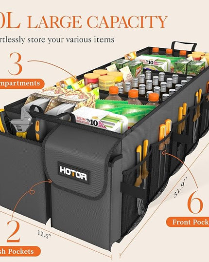 HOTOR Foldable Trunk Organizer - SUV & Sedan Compatible, 3 Compartments, Grey, 31.9"12.6"10.6" Sturdy Car Organization for Accessories, Tools, Sundries