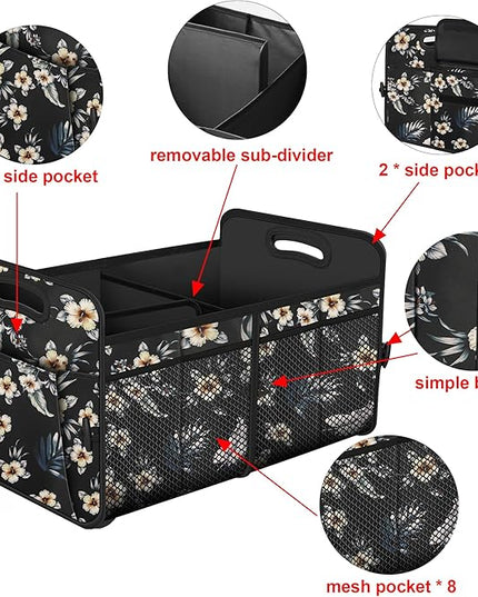 Femuar Car Trunk Organizer,Car Storage Organizer with 72L Large Capacity Waterproof Collapsible and 11 Pockets,Trunk Organizer for Car Suv/Jeep/Sedan, Large Size, Hibiscus flowers