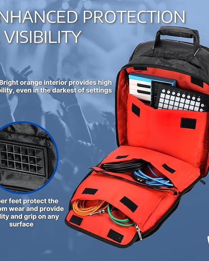 Rockville RVBACKPACK V2 Large DJ Laptop/Gear Travel Backpack, 9 Compartments, Padded Laptop & Headphone Storage, Trolley Sleeve, Lockable Zippers, Reinforced Stitching, Perfect for DJs & Musicians