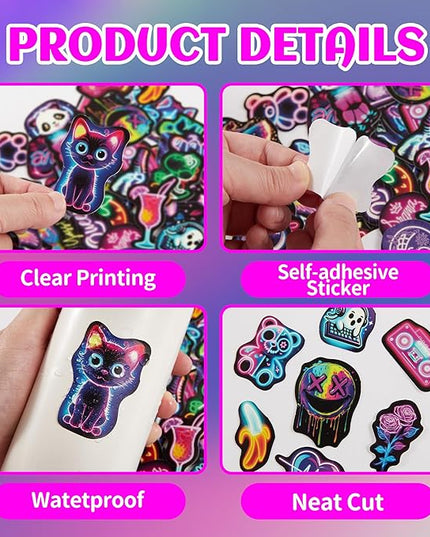 Neon Water Bottle Stickers for Kids, 70 Pcs Waterproof Vinyl Laptop Decals, Teens Girls Boys Adults Phone Case Skateboard Luggage Decor