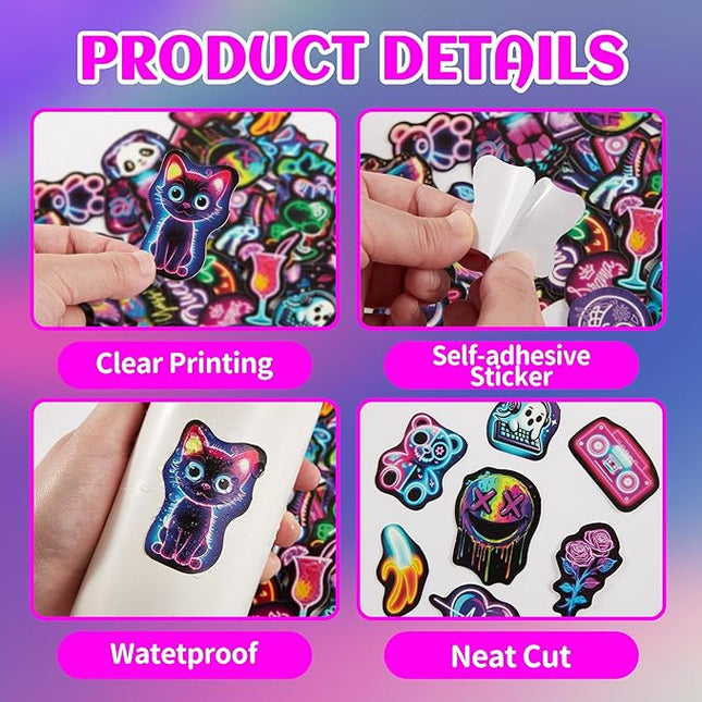 Neon Water Bottle Stickers for Kids, 70 Pcs Waterproof Vinyl Laptop Decals, Teens Girls Boys Adults Phone Case Skateboard Luggage Decor