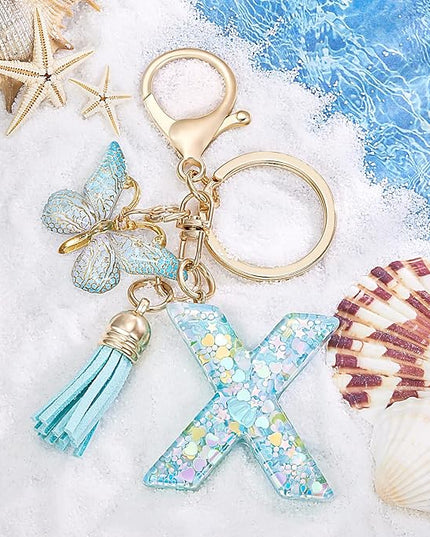 Fashion Alphabet Initial Letter Keychain Tassel Butterfly Pendant Key Ring for Purse Handbags Women Girl