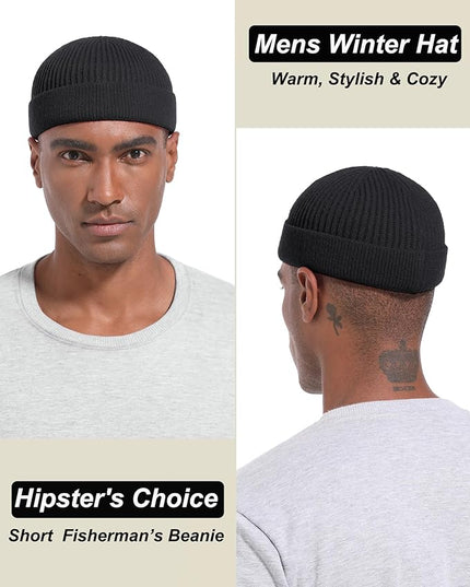 Short Fisherman Beanie for Men Women, Wool Knit Cuff Warm Winter Hats, Trawler Beanie Watch Caps Soft Skullcap